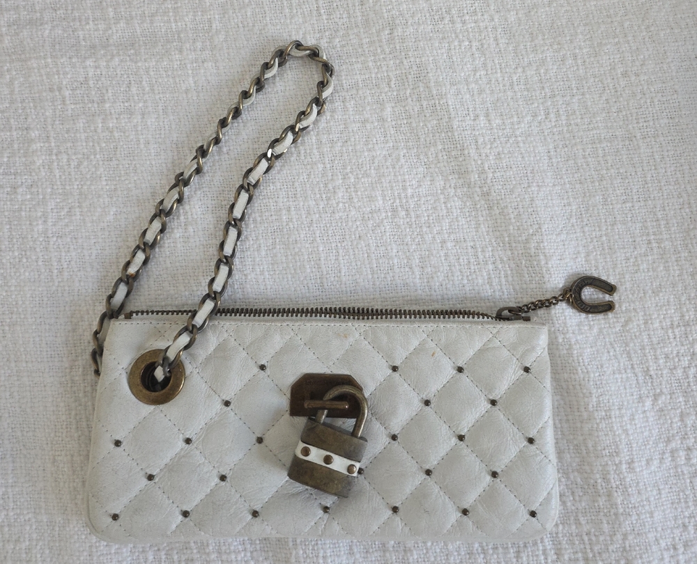 Betsey Johnson White Quilted Wristlet with Chain